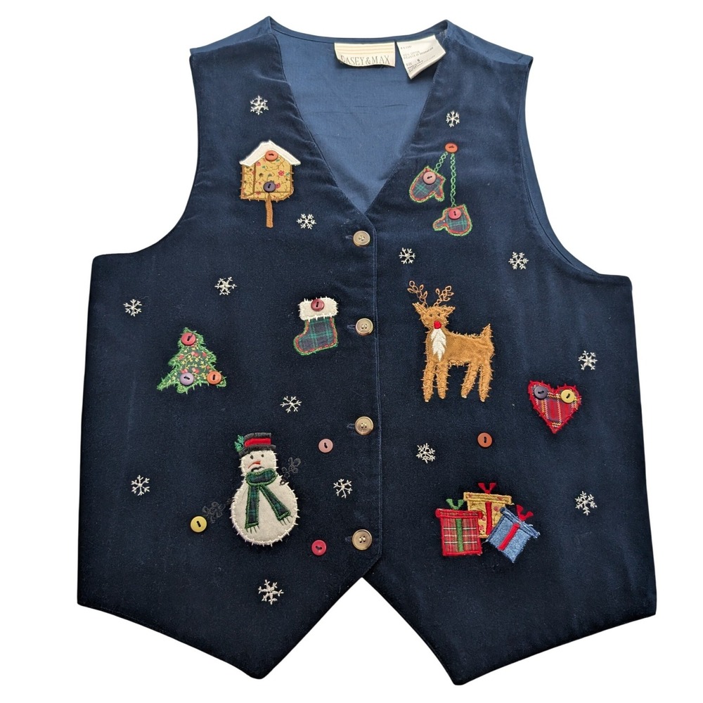 Vintage Casey & Max Christmas Vest Women S Navy Blue Embroidered Holiday Snowman